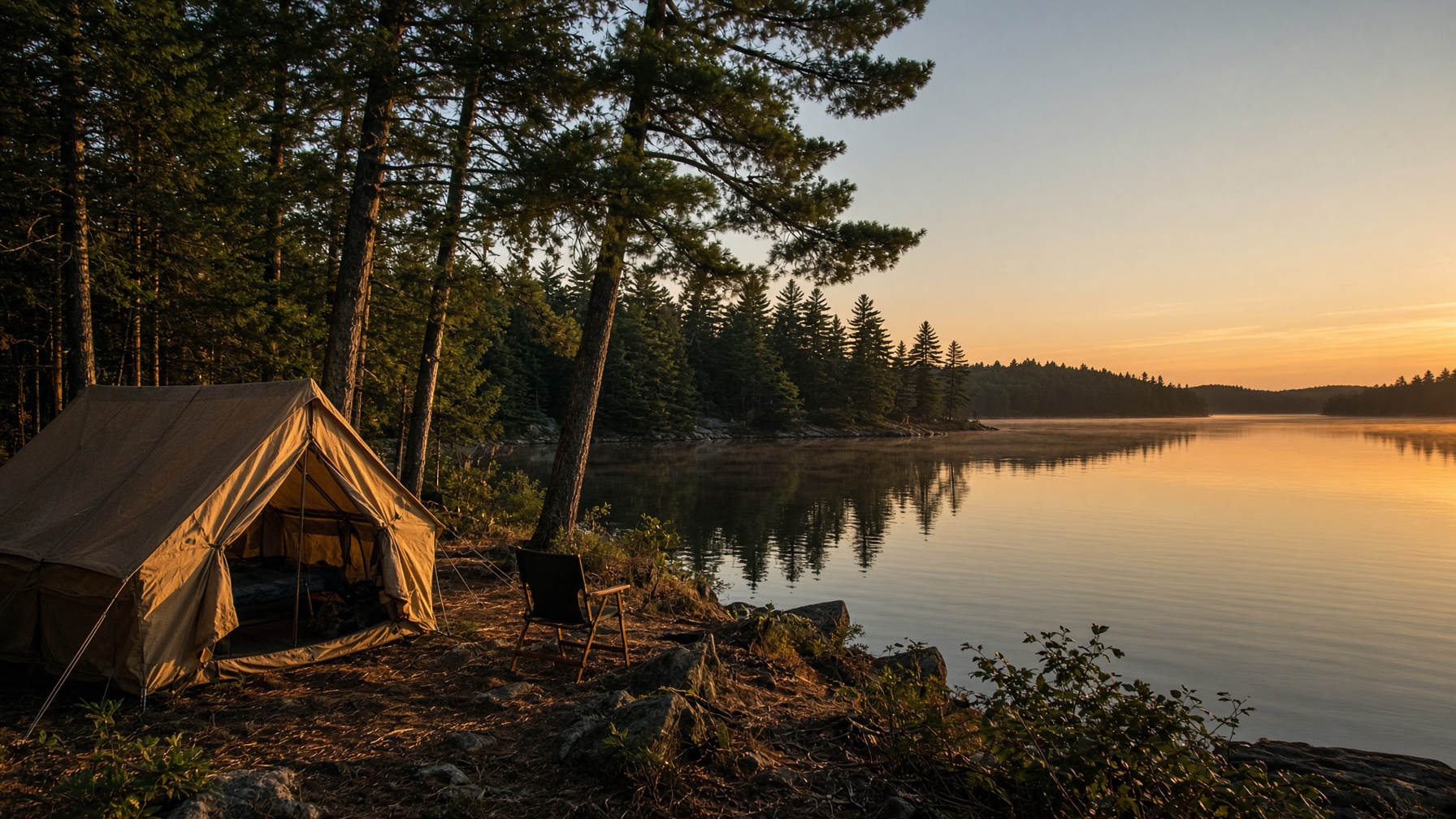 A Maine lakeside at golden hour