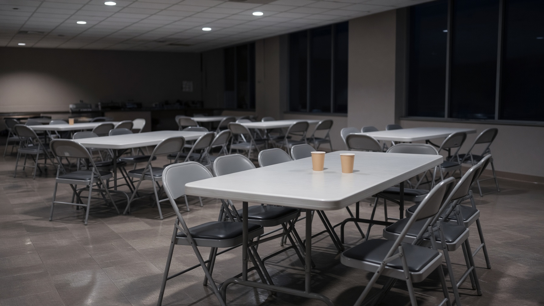 Empty cafeteria chairs after a night meeting. Paper cups on a table. Nobody left in the frame.