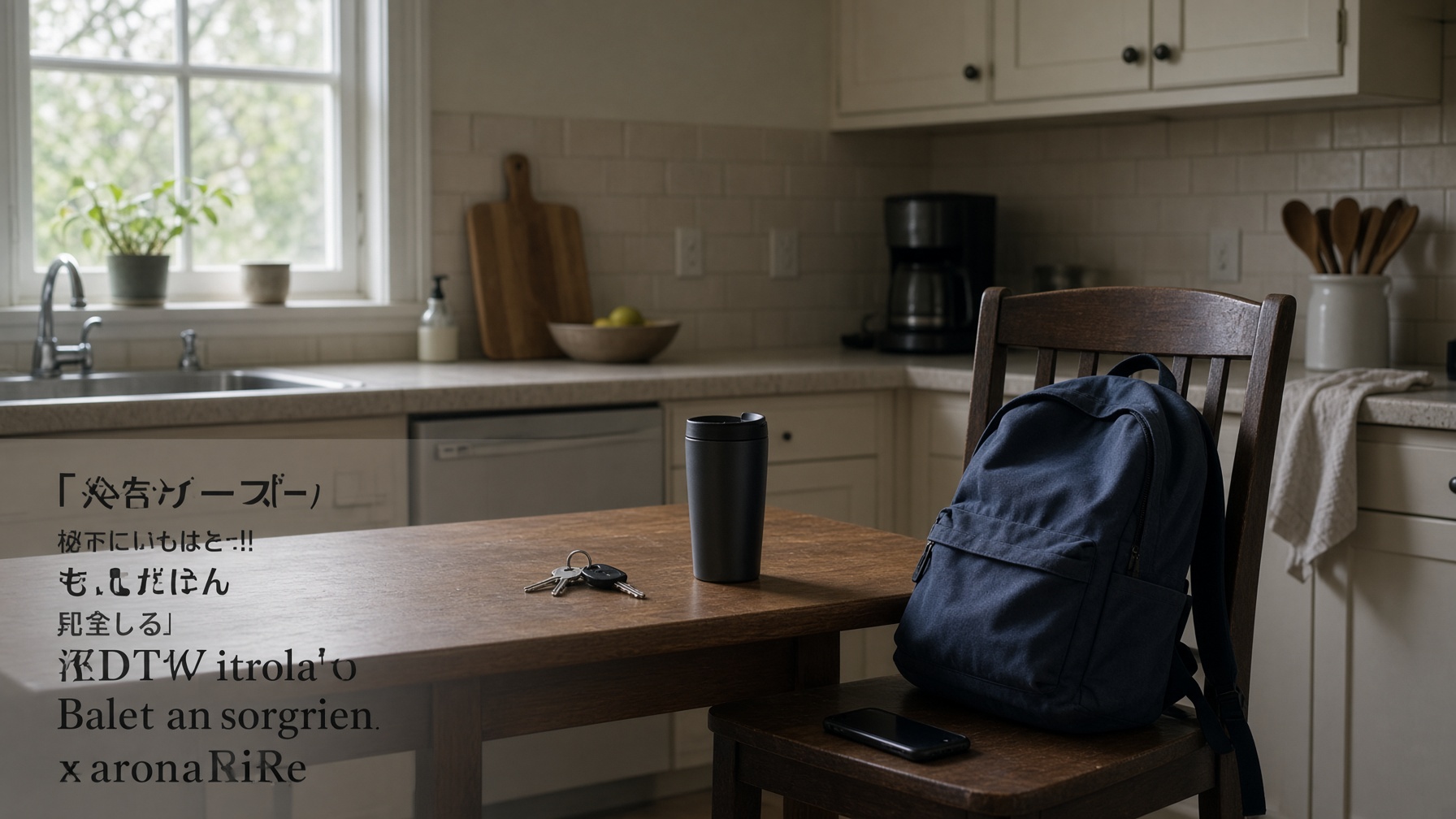 Phone face-down beside a backpack on a kitchen chair, morning light, no one in the frame