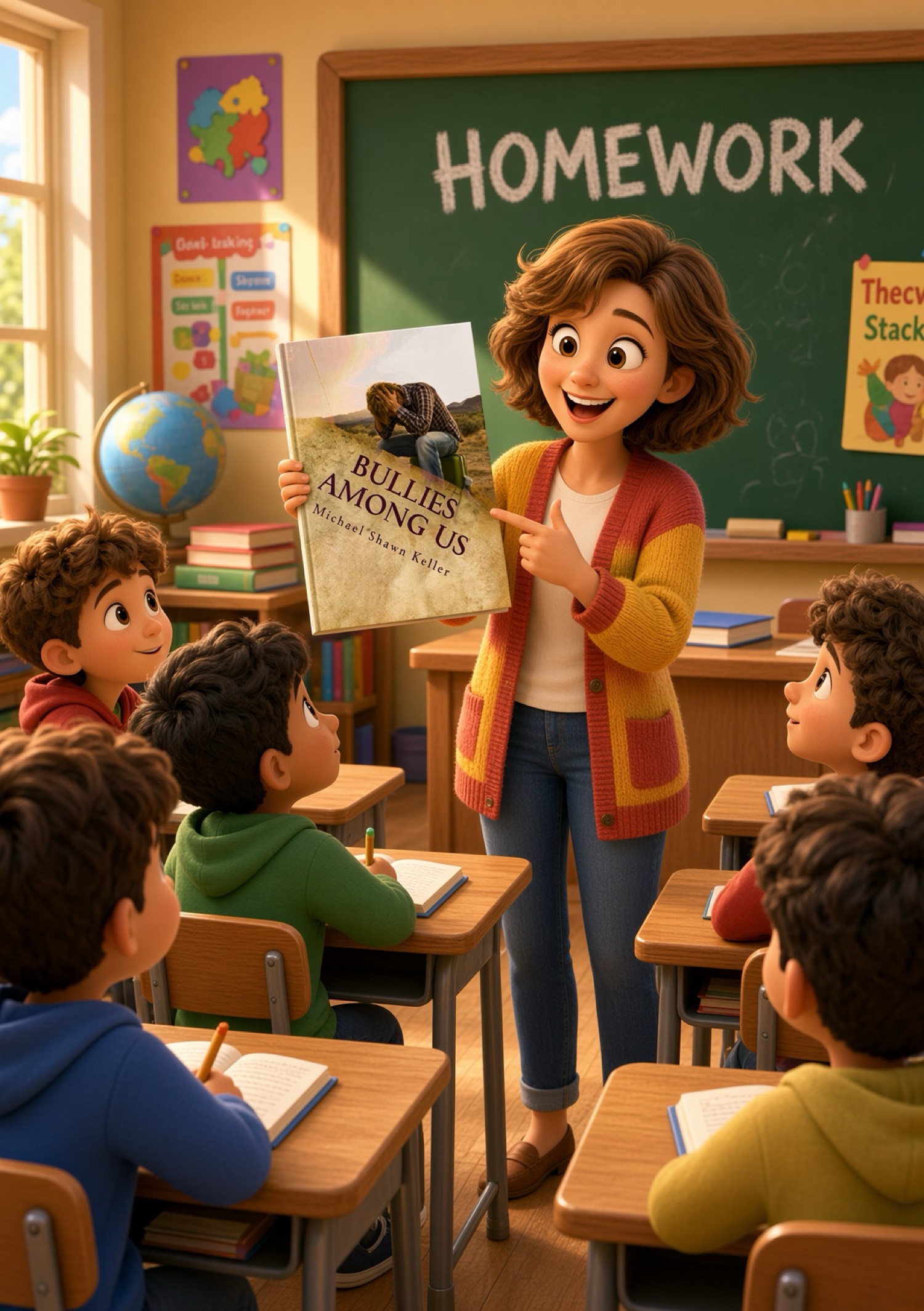 A teacher holding Bullies Among Us by Michael Shawn Keller in front of a classroom