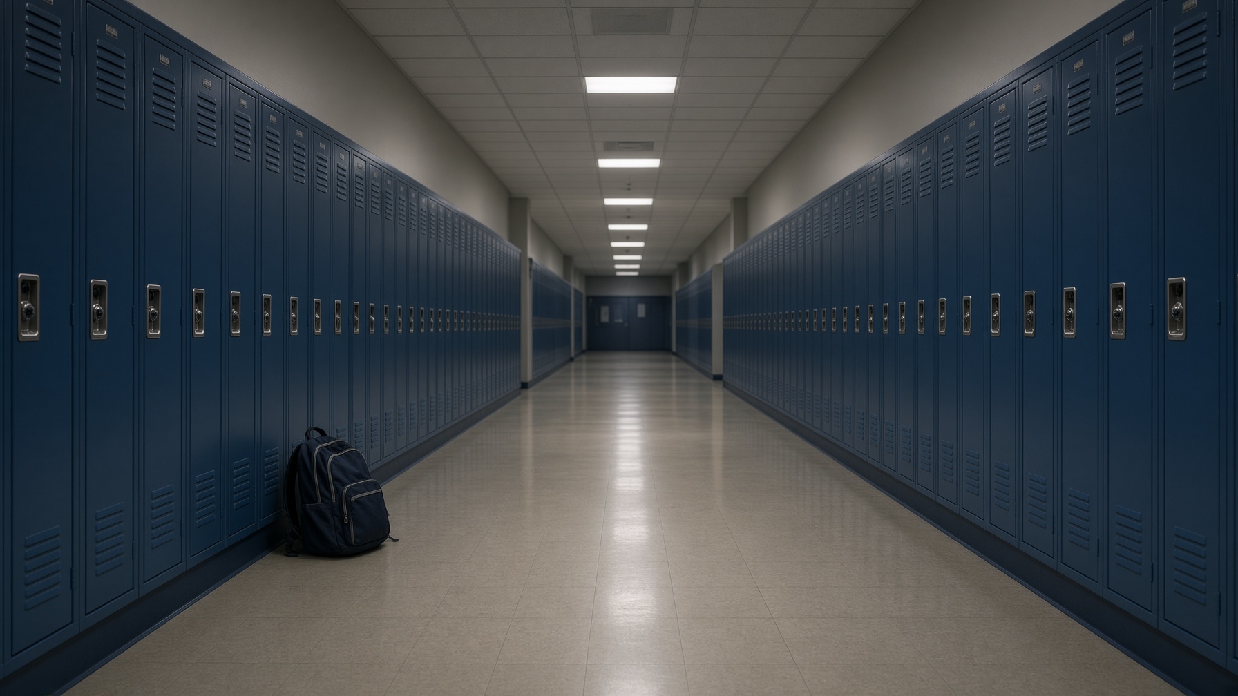 Empty school hallway after hours, blue lockers, one backpack left by a locker