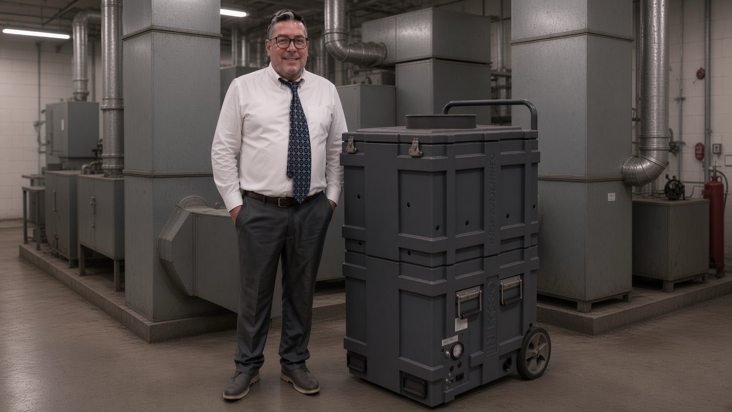 Michael Shawn Keller with a HEPA collector in a commercial mechanical room